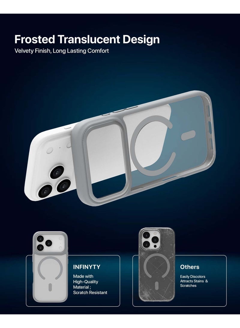 INFINYTY iPhone 17 Pro Hybrid Matte Case Modo Grey Frosted PC Back, TPU Frame, Aluminum Camera Frame For Strength. MagSafe Compatible With N52 Magnet, Metallic Buttons, Anti-Slip Soft-Touch Grip, Military Grade Drop-Tested Protection, Infinyty Lite - Image 2